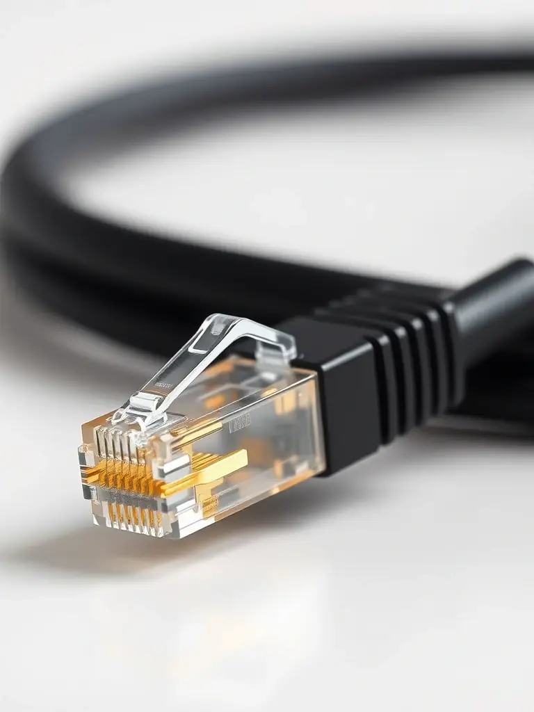 A close-up shot of a shielded Cat6a Ethernet cable, highlighting its robust construction and gold-plated connectors, emphasizing its superior performance in high-interference environments for business networks.
