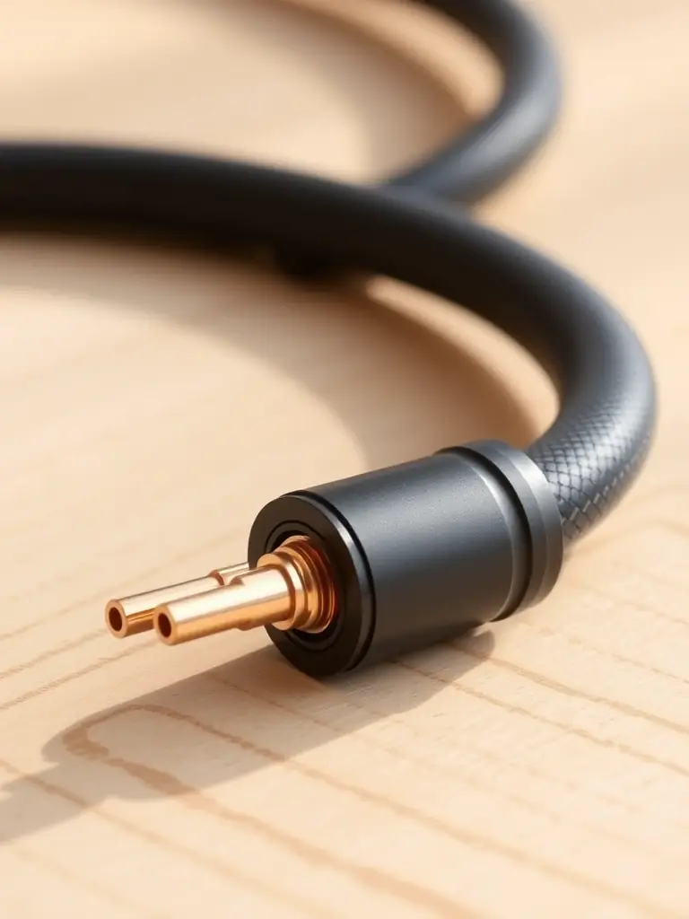 A detailed image of a plenum-rated coaxial cable, highlighting its fire-resistant jacket and robust construction, designed for safe installation in plenum spaces within commercial buildings.