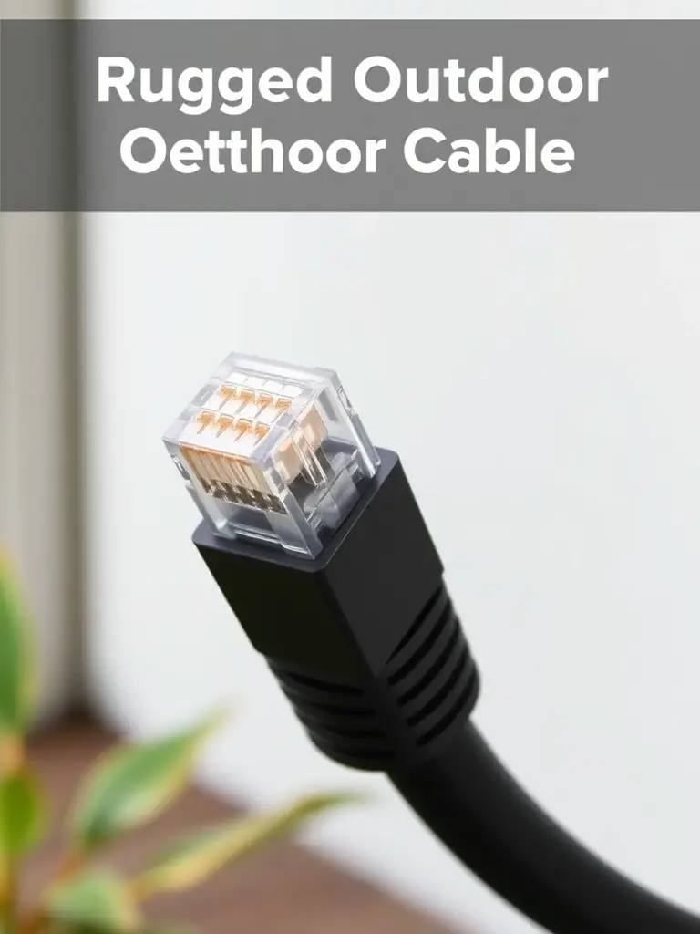 An image of a ruggedized outdoor Ethernet cable, showcasing its weather-resistant jacket and durable connectors, designed for reliable performance in harsh outdoor environments for business applications.