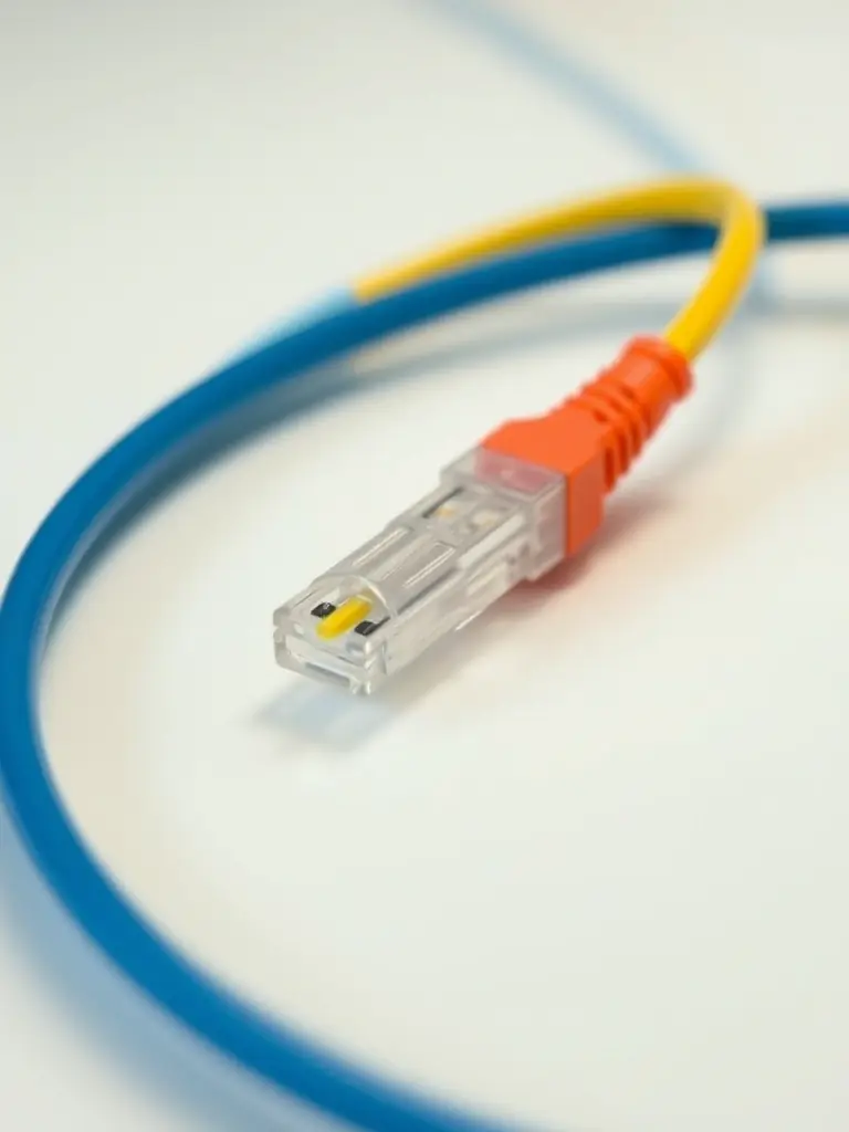 A close-up shot of a Fiber Optic Patch Cable with LC connectors, highlighting the precision and quality of the connectors. The cable is slightly curved to showcase its flexibility and durability, set against a dark background to emphasize the vibrant colors of the cable.