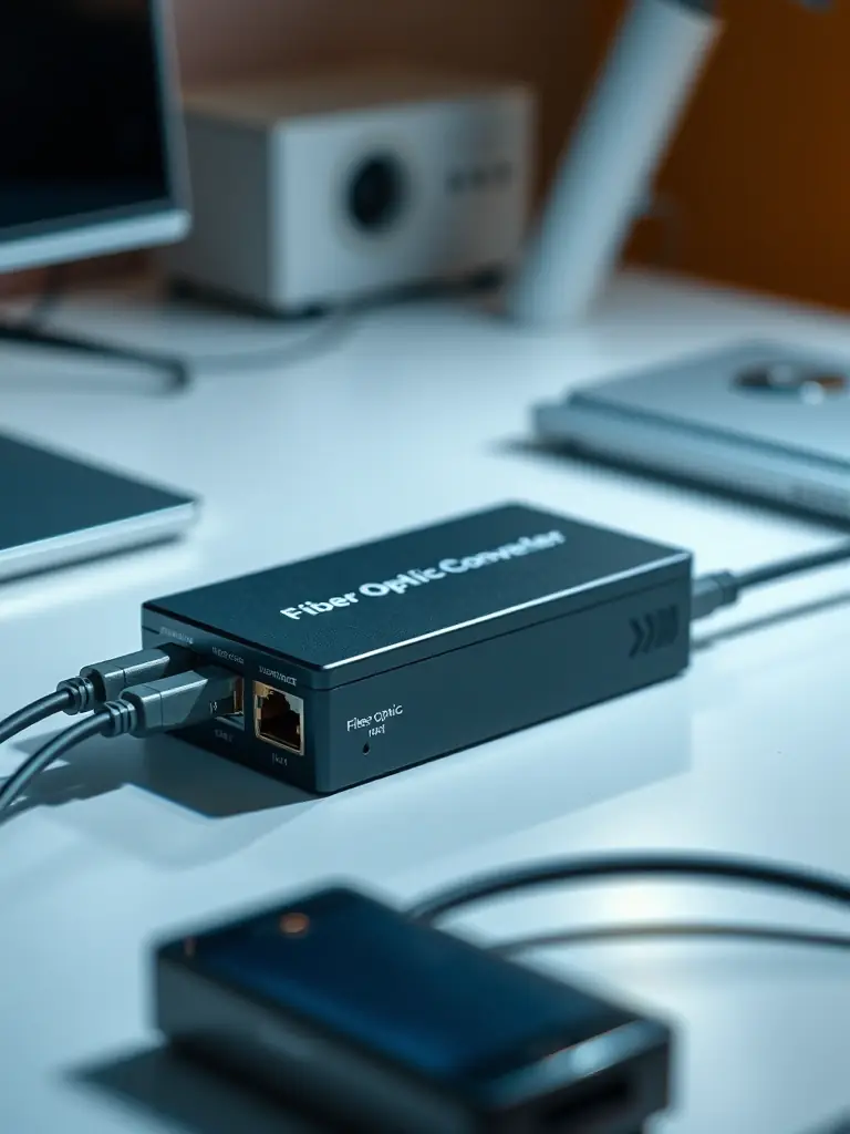 An image of a Fiber Optic Media Converter, showing its compact size and various ports for converting between different media types. The converter is placed on a desk with Ethernet and fiber optic cables connected to it.