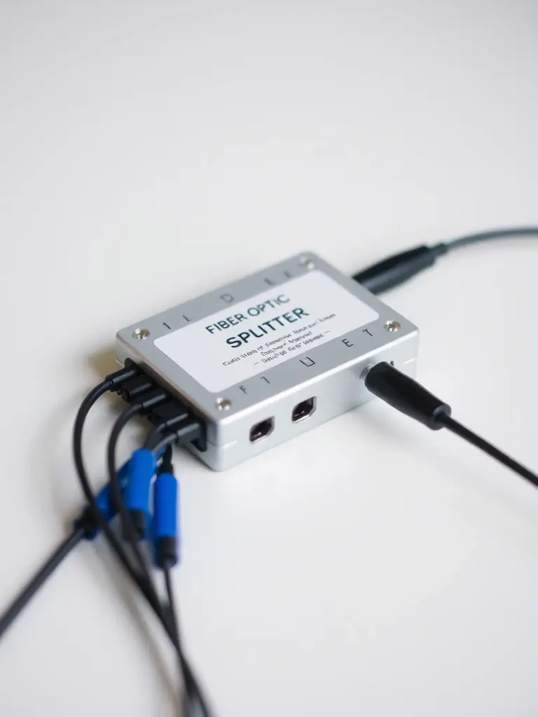 A detailed view of a Fiber Optic Splitter, highlighting its compact design and multiple output ports. The splitter is connected to several fiber optic cables, demonstrating its ability to distribute signals efficiently.